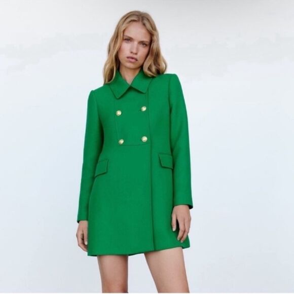 NWT ZARA Green Coat Jacket BUTTONED TAILORED GREEN Size XS - Picture 2 of 15